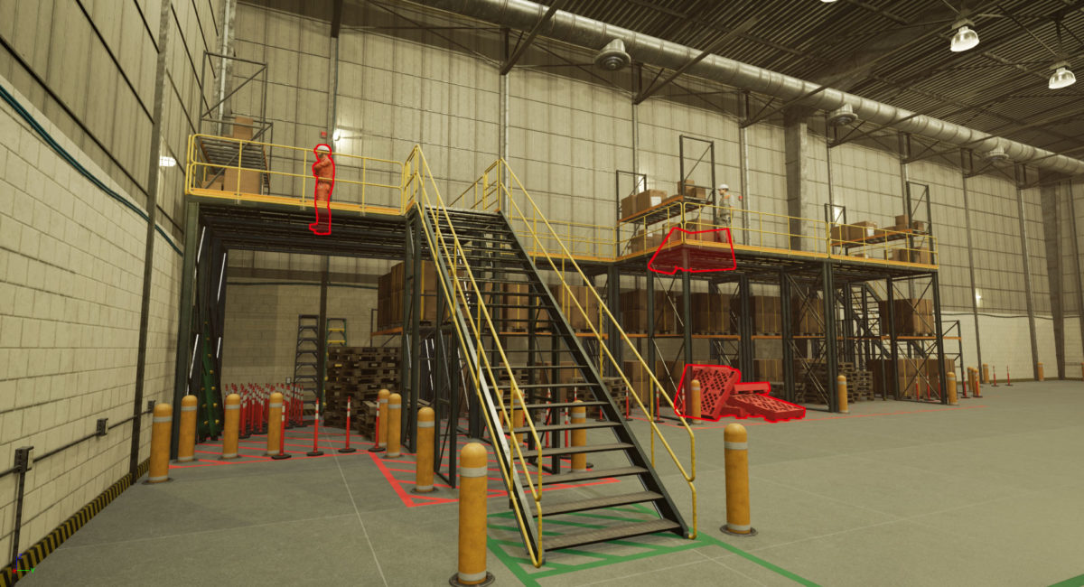 A simulation of a warehouse outlining hazards