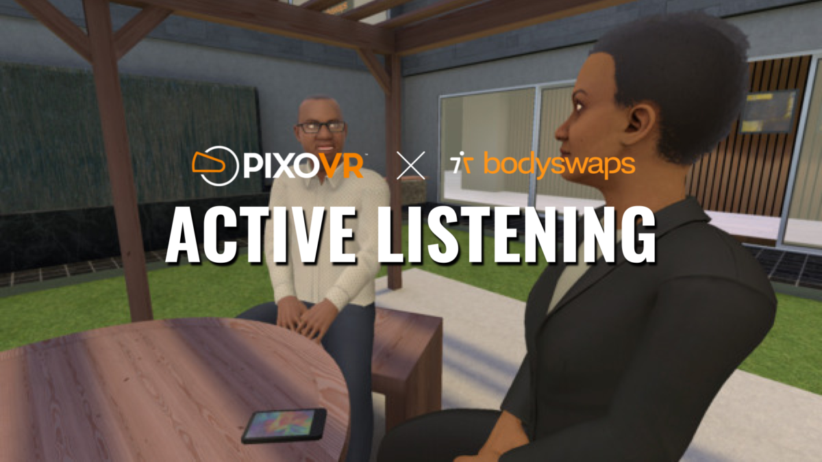 Two people talking around a table. Active listening title overlay