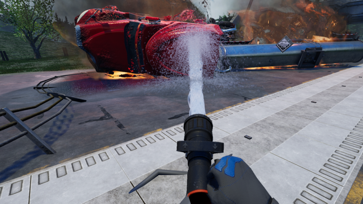 A simulation of putting out a fire with a firehose