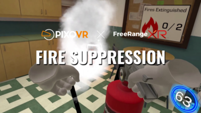 A simulated worker putting out a fire