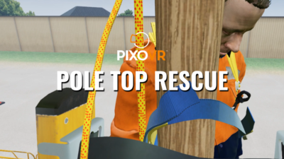 A worker using a harness on a pole