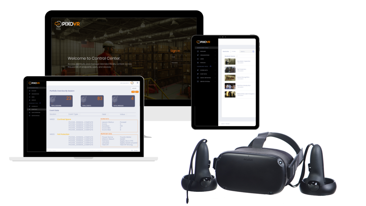 A tablet and a computer showing PIXO Apex with a headset