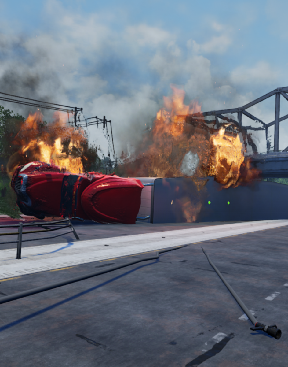 An overturned semi truck on fire