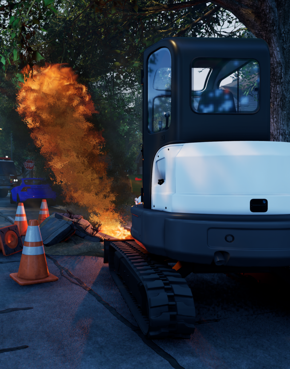 A gas explosion in the street of a neighborhood