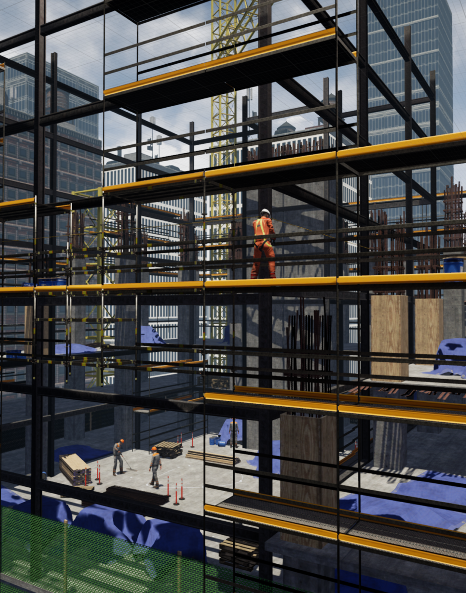 A zoomed out image of a worker working on a construction site