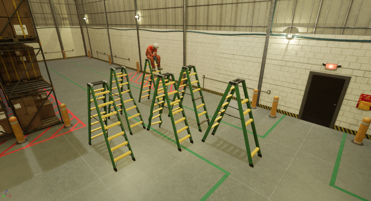 A worker sitting on top of a ladder